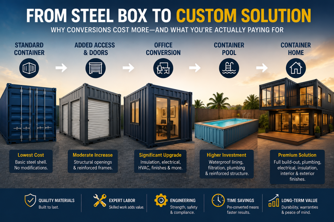 shipping container conversion cost comparison pool office home